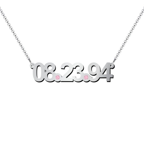Date Necklace with Birthstones – Sterling Silver with Pink Tourmaline