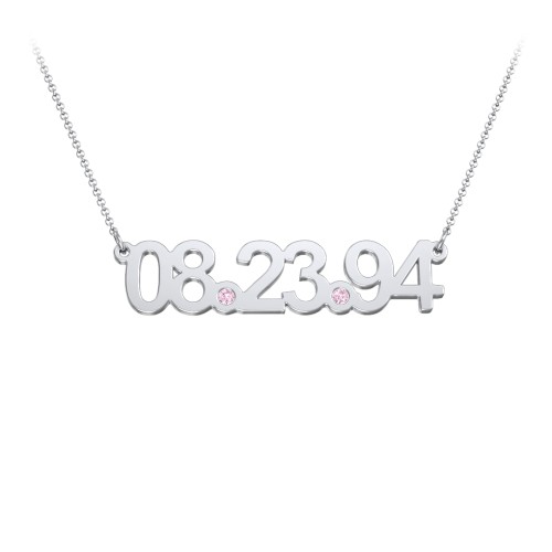 Date Necklace with Birthstones – Sterling Silver with Pink Tourmaline