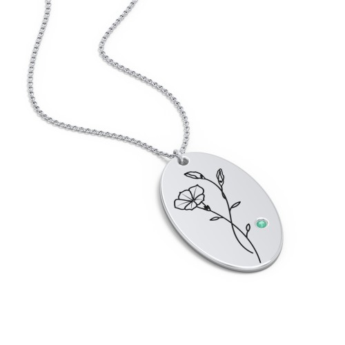 September Birth Flower Disc Necklace with Gemstone – Sterling Silver with Emerald