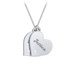 Engravable Hanging 2 Hearts Necklace with Birthstones in 925 Sterling Silver with Aquamarine