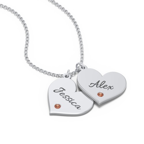 Engravable Hanging 2 Hearts Necklace with Birthstones – Sterling Silver with Garnet