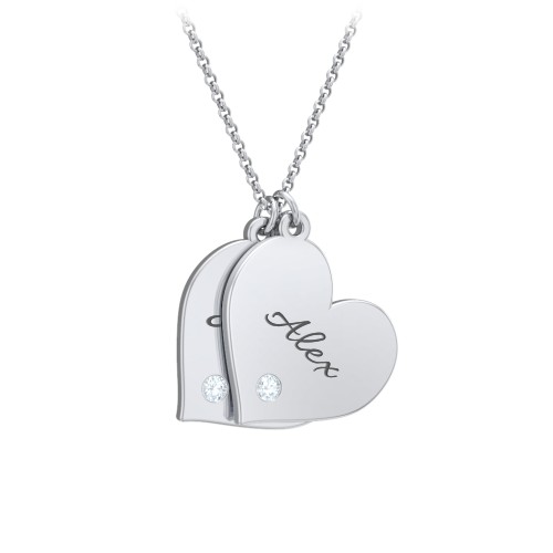 Engravable Hanging 2 Hearts Necklace with Birthstones – Sterling Silver with Aquamarine