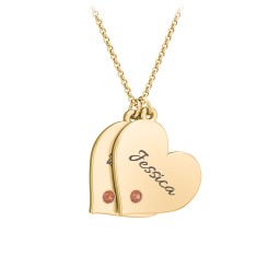 Engravable Hanging 2 Hearts Necklace with Birthstones in 10K Solid Yellow Gold with Garnet