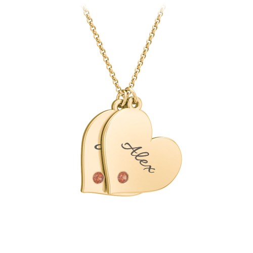 Engravable Hanging 2 Hearts Necklace with Birthstones – 10K Yellow Gold with Garnet