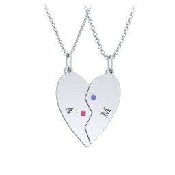 Engravable Split Heart Couples Necklace Set with Birthstones in 925 Sterling Silver