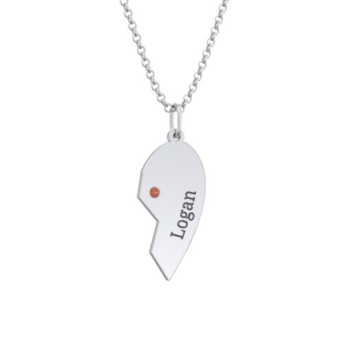 Engravable Split Heart Couples Necklace Set with Birthstones – Sterling Silver with Garnet