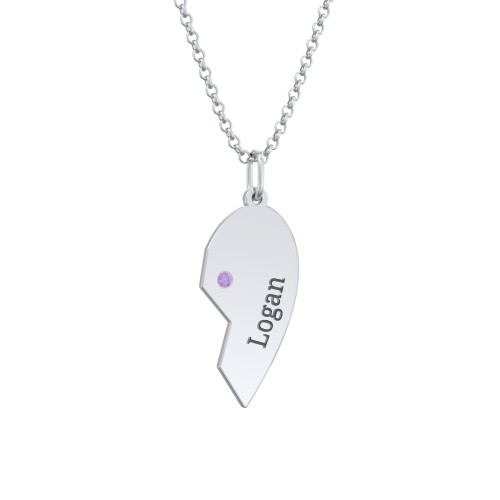 Engravable Split Heart Couples Necklace Set with Birthstones – Sterling Silver with Amethyst