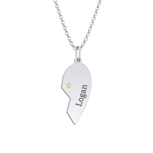 Engravable Split Heart Couples Necklace Set with Birthstones – Sterling Silver with Citrine
