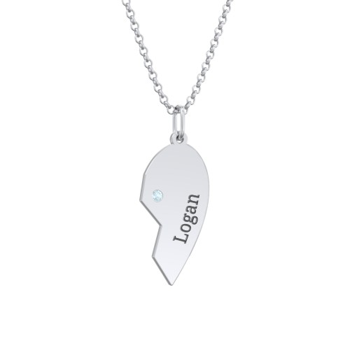 Engravable Split Heart Couples Necklace Set with Birthstones – Sterling Silver with Blue Topaz