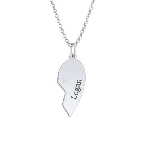 Engravable Split Heart Couples Necklace Set with Birthstones – Sterling Silver with Blue Sapphire and Pink Tourmaline