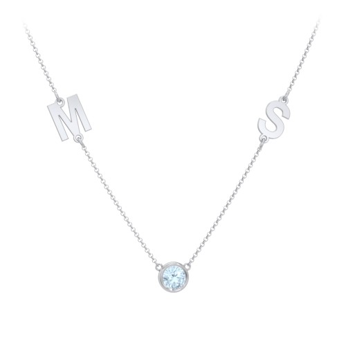 Personalized Initials Necklace with Bezel Set Birthstone – Sterling Silver with Aquamarine