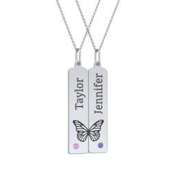 Engravable Butterfly Bar Necklace Set with Birthstones in 925 Sterling Silver
