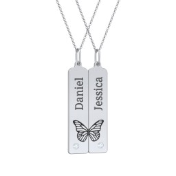 Engravable Butterfly Bar Necklace Set with Birthstones in 925 Sterling Silver with Aquamarine