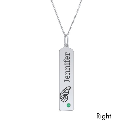 Engravable Butterfly Bar Necklace Set with Birthstones – Sterling Silver with Emerald