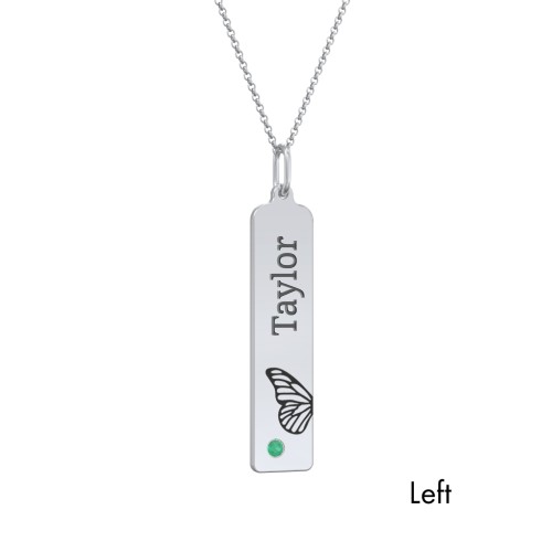 Engravable Butterfly Bar Necklace Set with Birthstones – Sterling Silver with Emerald