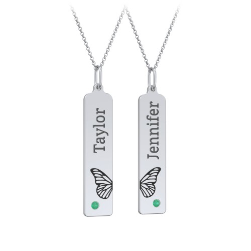 Engravable Butterfly Bar Necklace Set with Birthstones – Sterling Silver with Emerald