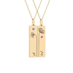 Engravable Floral Bar Necklace Set with Birthstones in 10K Solid Yellow Gold