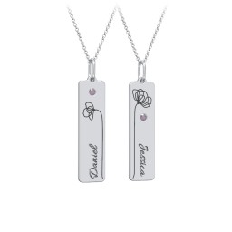 Engravable Floral Bar Necklace Set with Birthstones in 925 Sterling Silver with Alexandrite