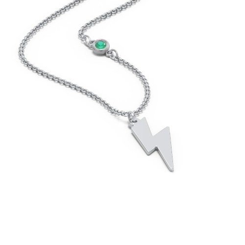 Lightning Bolt Charm Necklace with Gemstone – Sterling Silver with Emerald