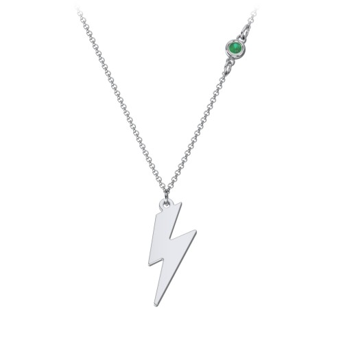 Lightning Bolt Charm Necklace with Gemstone – Sterling Silver with Emerald