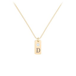 Small Initial Tag Necklace with Birthstone in 10K Solid Yellow Gold with Aquamarine