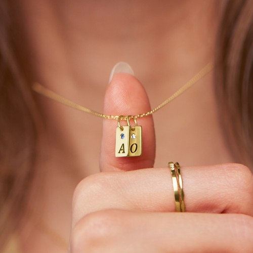 Small Initial 2 Tag Necklace with Birthstone