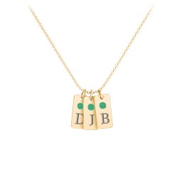 Small Initial 3 Tag Necklace with Birthstone in 18K Gold Plated Silver with Emerald