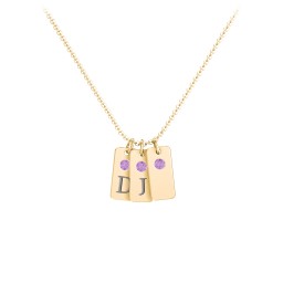 Small Initial 3 Tag Necklace with Birthstone in 18K Gold Plated Silver with Amethyst, Amethyst Premium Zirconia, and Fancy Pink Premium Zirconia
