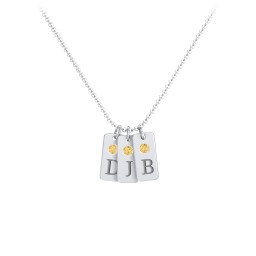 Small Initial 3 Tag Necklace with Birthstone in 925 Sterling Silver with Citrine