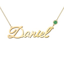 Script Name Necklace with Birthstone in 18K Gold Plated Silver with Emerald