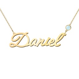 Script Name Necklace with Birthstone in 18K Gold Plated Silver with Blue Topaz