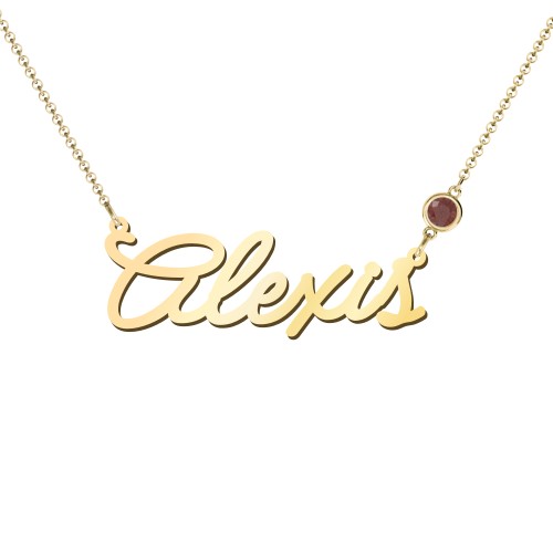 Script Name Necklace with Birthstone – 18K Gold Plated Silver with Garnet
