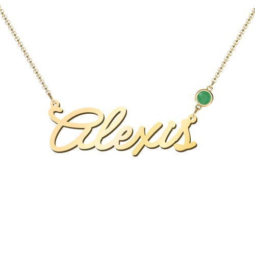 Script Name Necklace with Birthstone – 18K Gold Plated Silver with Emerald