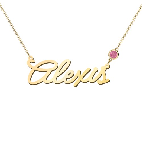 Script Name Necklace with Birthstone – 18K Gold Plated Silver with Pink Tourmaline