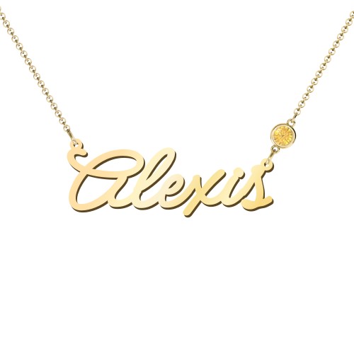 Script Name Necklace with Birthstone – 18K Gold Plated Silver with Citrine