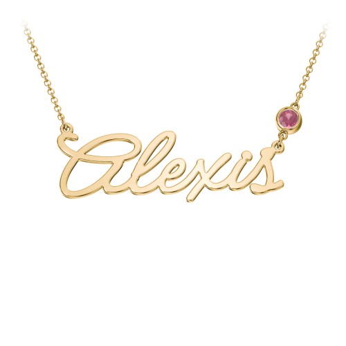 Script Name Necklace with Birthstone – 18K Gold Plated Silver with Pink Tourmaline
