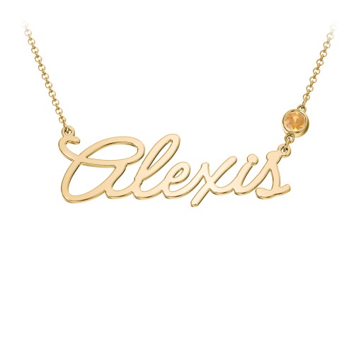 Script Name Necklace with Birthstone – 18K Gold Plated Silver with Citrine