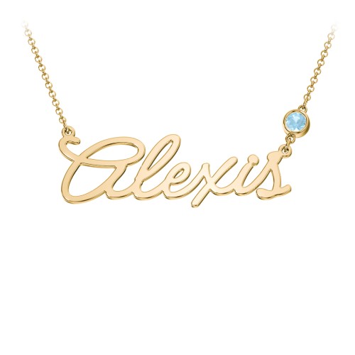 Script Name Necklace with Birthstone – 18K Gold Plated Silver with Blue Topaz