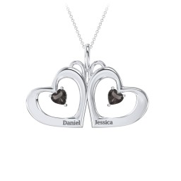 Gemini Touching Hearts Engraved 2 Stone Necklace in 925 Sterling Silver