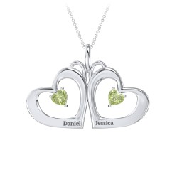 Gemini Touching Hearts Engraved 2 Stone Necklace in 925 Sterling Silver