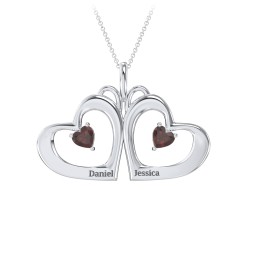 Gemini Touching Hearts Engraved 2 Stone Necklace in 925 Sterling Silver with Garnet