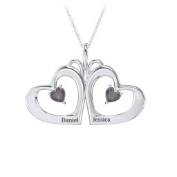 Gemini Touching Hearts Engraved 2 Stone Necklace in 925 Sterling Silver with Alexandrite