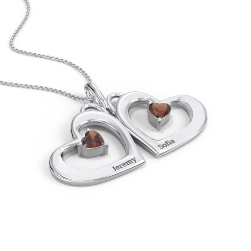 Gemini Touching Hearts Engraved 2 Stone Necklace – Sterling Silver with Garnet