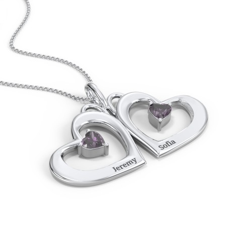 Gemini Touching Hearts Engraved 2 Stone Necklace – Sterling Silver with Alexandrite