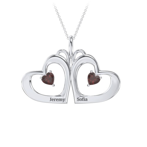 Gemini Touching Hearts Engraved 2 Stone Necklace – Sterling Silver with Garnet