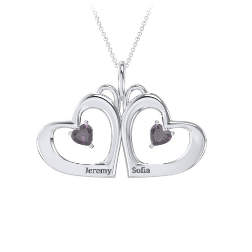 Gemini Touching Hearts Engraved 2 Stone Necklace – Sterling Silver with Alexandrite