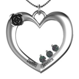 Corsage Rose Heart Pendant with Birthstones in 925 Sterling Silver with Alexandrite, Amethyst, and Blue Sapphire