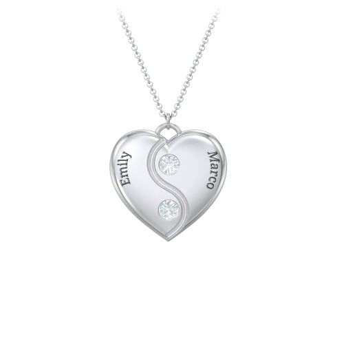 Engraved Yin Yang Heart Pendant with Birthstones – Sterling Silver with Aquamarine