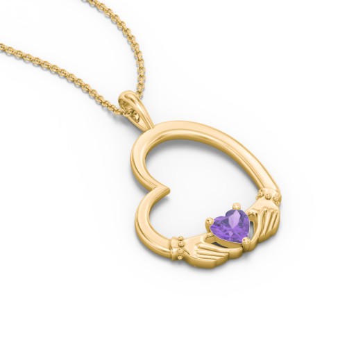 Tilted Heart Claddagh Pendant – 18K Gold Plated Silver with Amethyst