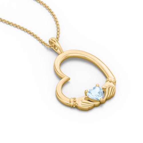Tilted Heart Claddagh Pendant – 18K Gold Plated Silver with Aquamarine